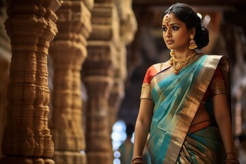 Fototapeta premium Resplendent Tamil belle before Brihadeeswarar, epitomizing South India's timeless beauty