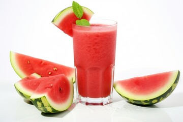 A glass of delicious bright red watermelon juice or smoothie. decorated with fresh watermelon slices isolated on white background. generative ai
