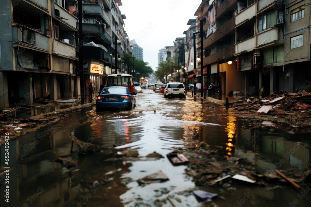 Wall mural catastrophic flooding in a coastal city in south-eastern asia due to a sea level rise. global warmin