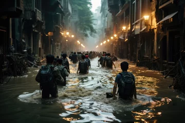 Fotobehang Catastrophic flooding in a coastal city in south-eastern Asia due to a sea level rise. Global warming consequences. © Aleksandr