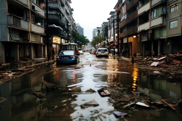 Catastrophic flooding in a coastal city in south-eastern Asia due to a sea level rise. Global warming consequences. - obrazy, fototapety, plakaty