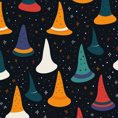 Wizards hats pattern, background, hand-drawn cartoon flat art Illustrations in minimalist vector style