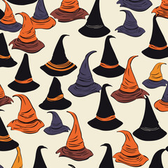 Wizards hats pattern, background, hand-drawn cartoon flat art Illustrations in minimalist vector style