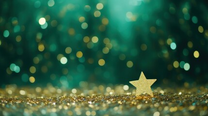 New years Christmas gold green background with copy space. Christmas teal green and golden abstract glitter bokeh background. Selective focus