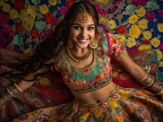 Indian teen girl (16), joyfully clad in vibrant floral lehenga choli, the spirit of festivity alive