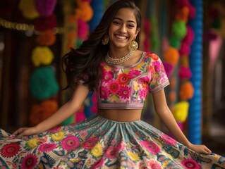Radiant Indian teen (16) in floral lehenga choli, epitomizing celebratory joy