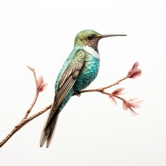 Delicate hummingbird, poised on a slender branch,isolated on white background