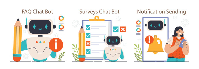 Chatbot marketing set. AI robot assistant with customer service and support.