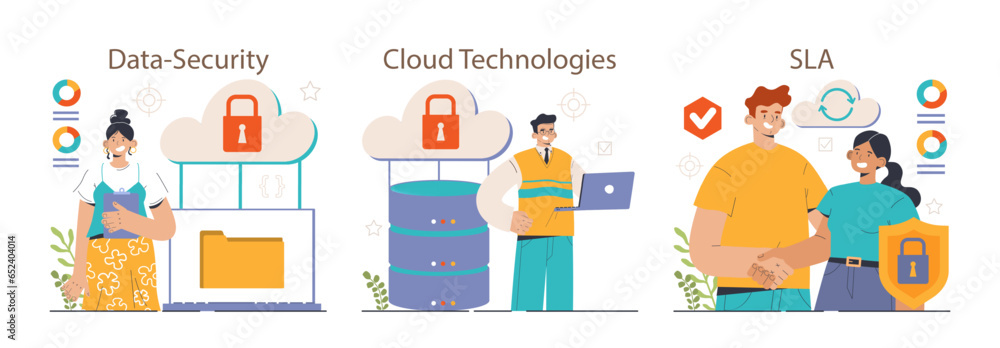 Poster saas, software as a service set. web-hosted software, computer program