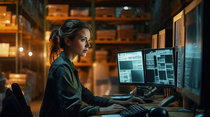 woman working in the management of a warehouse - obrazy, fototapety, plakaty