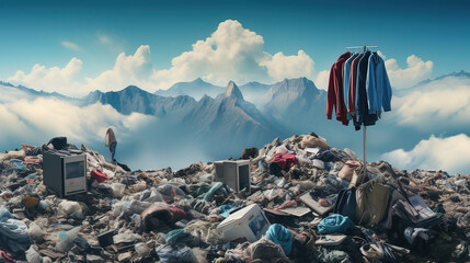 mountain of garbage and clothes discarded due to excess consumption