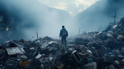 Fototapeten man on a huge mountain of trash and discarded clothes © Ametz