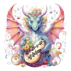 A captivating tableau of a musical dragon in pastel tones, floating among notes and instruments,...