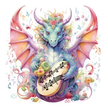 A captivating tableau of a musical dragon in pastel tones, floating among notes and instruments, resonating with the enchanting rhythms of melodies