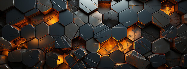Hexagonal allure: a cold and metallic wonder adorned with golden accents, where a subtle red glow dances on certain stones!