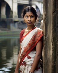 Bengali girl in white saree by the Ganges in Kolkata, echoing city's history
