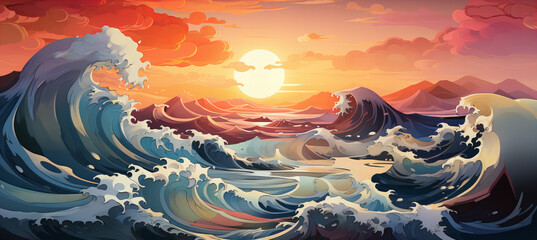 Vibrant sky, tempestuous waters, peaceful painting, celestial beauty