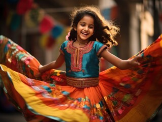 Young girl radiates youth and heritage in a bright lehenga choli, her laughter a testament to her joyous spirit