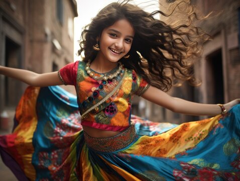 Indian girl, in a vivacious lehenga choli, exhibits her cultural legacy, her joyful laughter echoing youthful exuberance