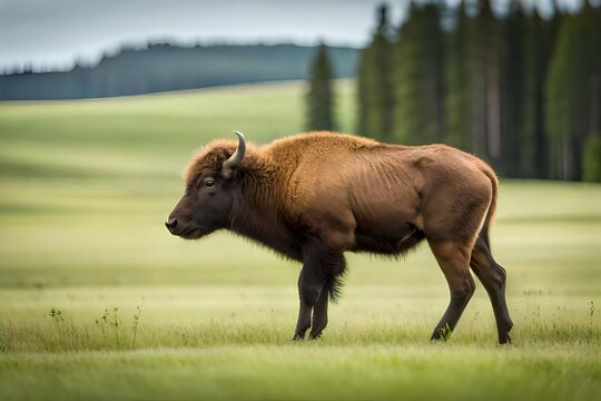 Generate a picture of a baby bison calf roaming the grassy plains