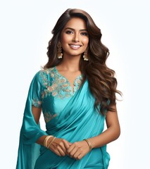 Young Indian in turquoise saree, cheerful demeanor