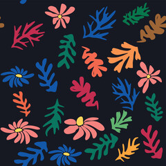 Fototapeta na wymiar Blue floral pattern, crooked leaves and flowers