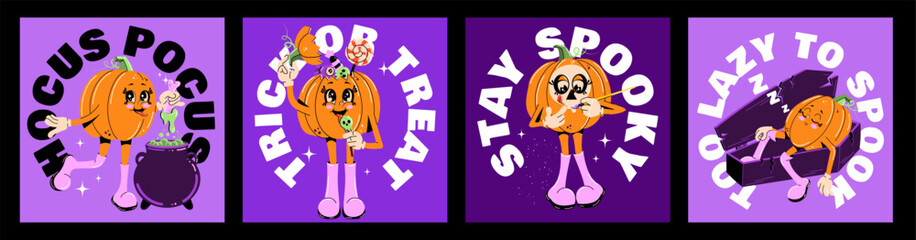 Cute collection of Halloween posters. Trendy retro groovy style. Funky pumpkin characters. Vector illustration for postcards, posters, flyers