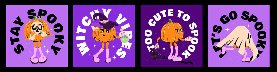 Cute collection of Halloween posters. Trendy retro groovy style. Funky pumpkin characters. Vector illustration for postcards, posters, flyers