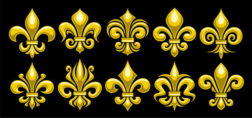 Vector Fleur de Lis set, horizontal banner with lot collection of 10 cut out illustrations of variety yellow fleur de lis lily flowers, group of many different ornate art symbols on black background