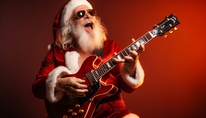 Santa Claus playing on a guitar on red background © GrayFrog