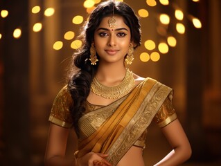 Radiant 25-year-old in golden embroidered saree