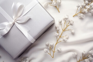 Silver gifts boxes on white background with flowers and branches. Generative AI