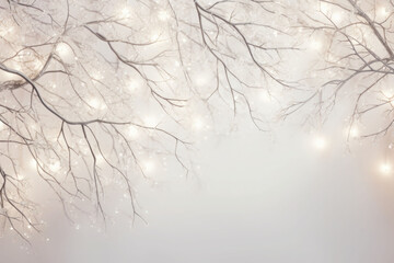 Glitter silver sparkles on branches. Garland sparkles on the tree. Light winter background. Generative AI