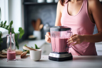 Woman making a pink smoothie in the kitchen. Healthy food concept. Generative AI