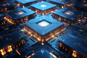 Futuristic CPUs, quantum processors in global computer networks,3D illustration of digital cyber space.