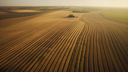 symmetrically plowed field at sunset, organic farm, agriculture. Generative AI