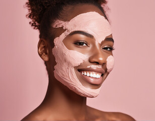 portrait of young black women smiling with pink clay mask on face natural organic skincare beauty shot
