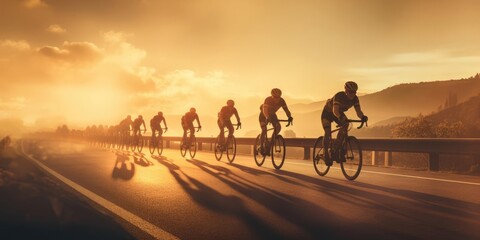 A group of cyclists at sunset