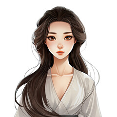 Cartoon beautiful woman with long hair wearing a white shirt