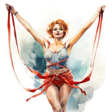 woman holding red ribbons watercolor clip art preview