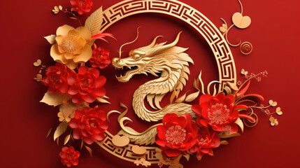 Dragon with flower, lantern, asian elements gold paper cut style on red background, AI generated