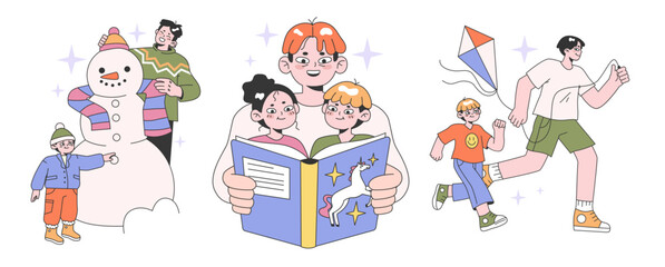 Father and children relationships set. Happy loving family, positive parenting