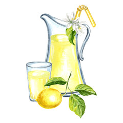 Composition of jug and glass with lemonade, lemon and flowers Watercolor hand drawn illustration isolated on a white background for design, stickers, patterns, packaging, cards, textiles, embroidery.