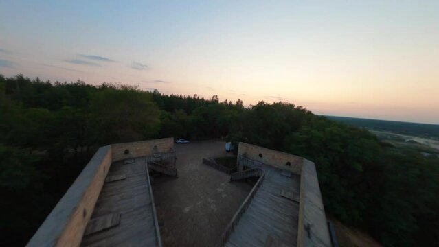 FPV, Ukraine, Monument to the heroes of the liberation war 1648-1654 (part of monument to Bohdan Khmelnytsky) in Chyhyryn, Ukraine, aerial view, filming from a drone 