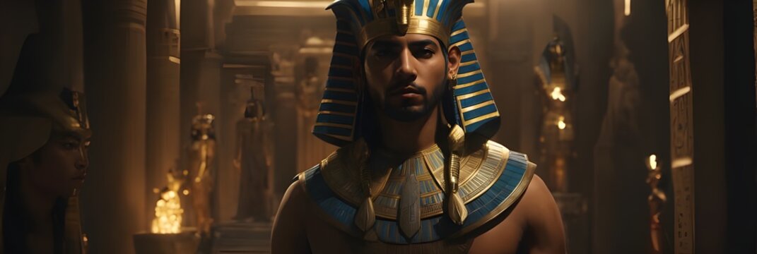 Egyptian king. egyptian temple, egyptian art, egyptian man stand and looking in camera. Ai generated image