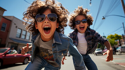 Two exited and stylish children wearing sun glasses and smiling at the camera - obrazy, fototapety, plakaty