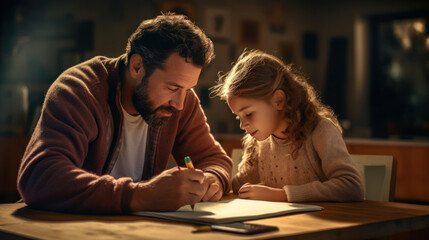 father teaching daughter homework - obrazy, fototapety, plakaty