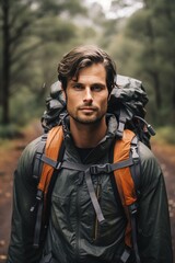 Obraz premium Determined Australian adventurer geared up for an intense hike
