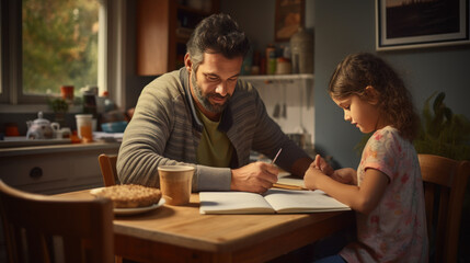 father teaching daughter homework