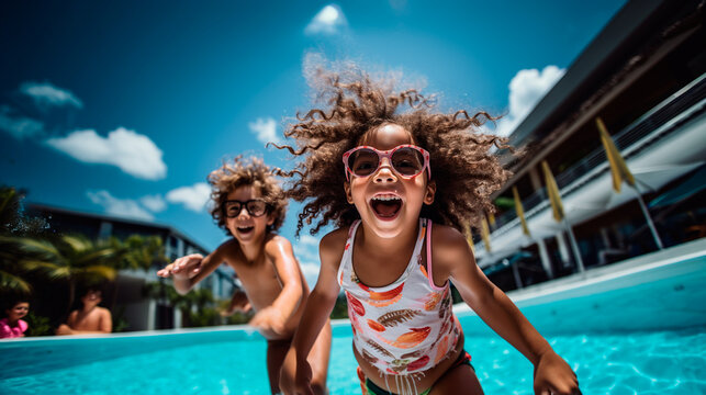 a black girl and a boy excited in a swimming pool, they wear glasses and a swimsuit